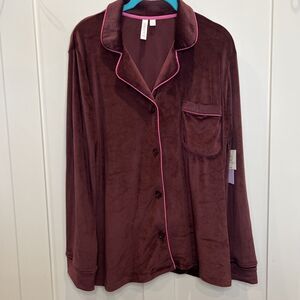 Joyspun‎ Women’s Velour Velvety Pink Trim Long Sleeve Sleep Shirt NWT Size Large